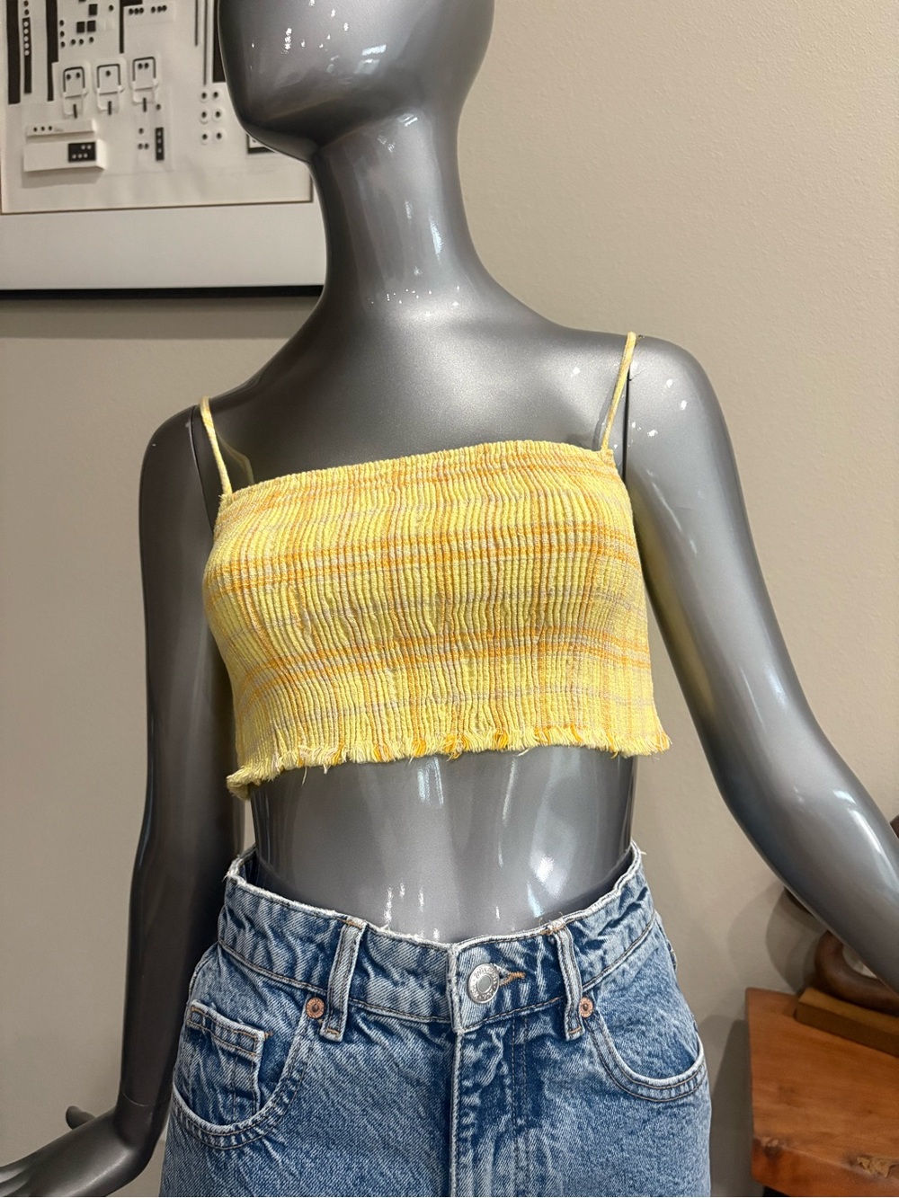 Zara Yellow Smocked Ribbed Crop Cami Top